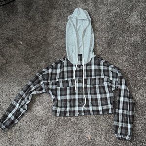 Drop shoulder plaid contrast Drawstring Hooded blouse